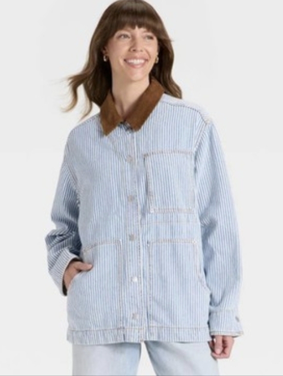 Universal Thread Jackets & Blazers - New Striped Blue Workwear Jacket with Brown Corduroy Collar